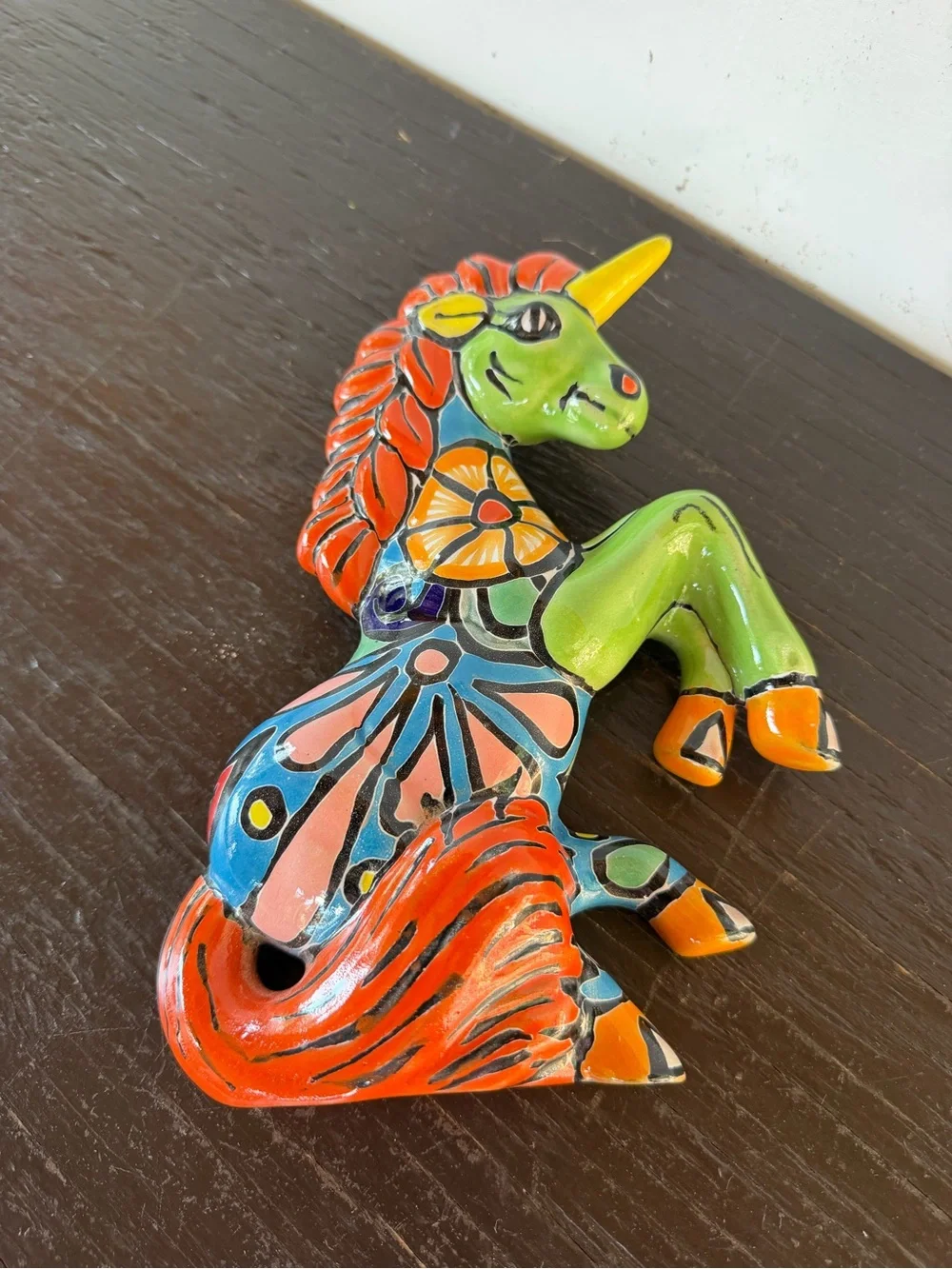 Hand-Painted Talavera Green and Orange Unicorn Wall Accent
